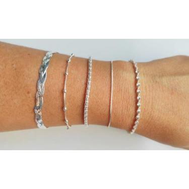 Imagem de Kit 5 Pulseiras Femininas Trançada Bolinha Pipoca Veneziana Torcida Pr