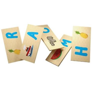 Imagem de Domino de madeira educativo figuras e letras 70x35x3mm no estojo - COL