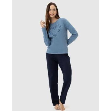 Imagem de Pijama Feminino Meia Malha Manga Longa Malwee Ref. 117592, Azul, M