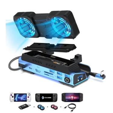 Imagem de Base estação Legion Go/ROG Ally/Steam Deck, 14 em 1, desmontável, 2 vent. resfriamento Steam, caixa M.2 NVMe, 4K@60Hz, 4 USB, 100W PD, Ethernet Gigabit, compatível.