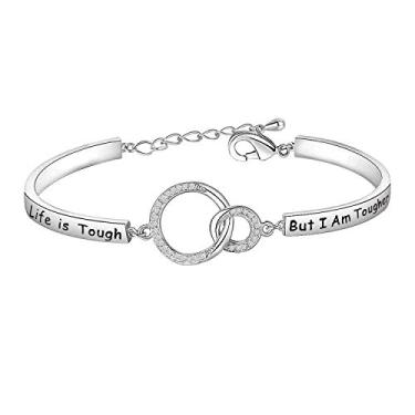 Imagem de MAOFAED Presente para sobrevivente do câncer presente Life is Tough But I am Tougher conscientização do câncer presente inspirador conscientização do câncer pulseira para ela, 8.5 inches, Metal,
