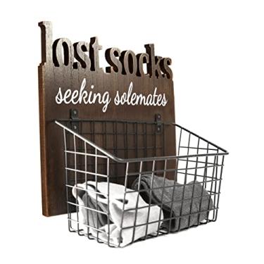 Imagem de EVA murmure Meias Perdidas com Letras Recortadas – Placa de Madeira Rústica, Decoração de Parede com Cesta Anexada – Organização de Lavanderia, Decoração de Casa e Lavandaria – Decoração de Casa, Presentes para Mulheres – 28 x 30 x 15 cm - Marrom
