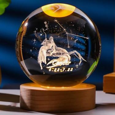Imagem de Lumin?ria Bola Esfera Cristal De Mesa Planeta Terra Gal?xia Sistema Solar LED Base Madeira Enfeite Decorativo Casa (Signo C?ncer)