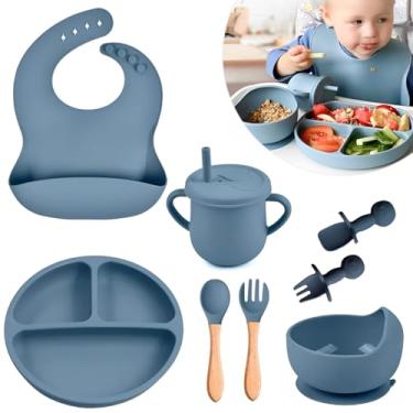 Imagem de Kit Alimentação Bebê Silicone com Prato de Ventosa Tigela Copo Garfo Colher Babador Introdução Alimentar Pratinho Infantil de Silicone Livre de BPA Ideal para Bebês e Crianças Pequenas (Azul)