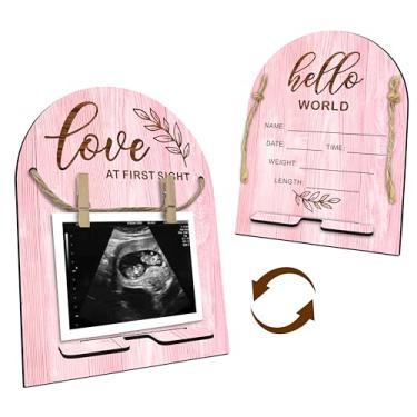 Imagem de Placa de madeira Hello World Baby Recém-nascido – Moldura de ultrassom com suporte – Placa de anúncio de bebê inacabada com impressão dupla face – Quadro de marcos de bebê e presente de gravidez