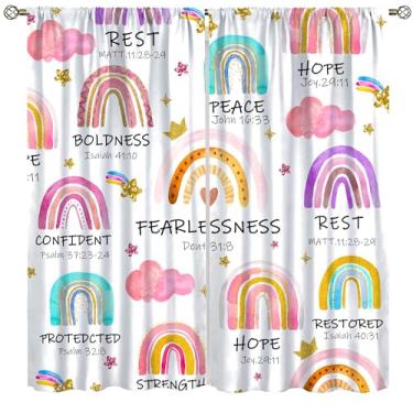 Imagem de Cortinas de arco-íris para meninas, versículo bíblico, escritura, boho, citação inspiradora, desenho animado, colorido, janelas silenciosas, tratamentos para meninas, berçário, sala de estar, quarto,