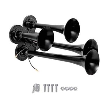 Imagem de Buzina de ar de 4 trompetes 150DB 12/24 V adequada para carro de polícia, veículo, caminhão, motocicleta, caminhão, barco, SUV, trem, preto