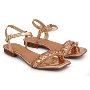 Imagem de Sandália Rasteirinha Feminina em Tiras de Strass e Tranças com Fivela 