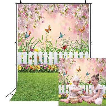Imagem de INRUI Primavera Páscoa jardim fotografia pano de fundo grama verde gramado floral borboleta cerca chá de bebê festa de aniversário fundo (15 x 20 pés)