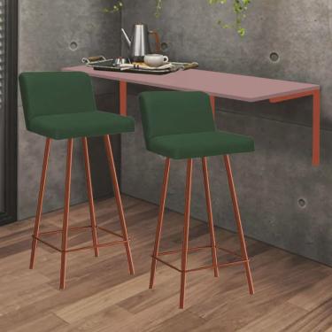 Imagem de Kit Mesa Suspensa de Parede Fixa mdf Rosa + 2 Banquetas Lexi Ferro Bronze Suede Verde - Ahazzo Móveis