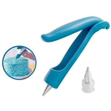 Imagem de Caneta Decorativa para Bolos, 16cm, com 2 Bicos de Aço Inox e 2 Sacos de Confeiteiro, Azul