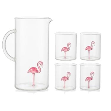 Imagem de Conjunto de jarra de flamingo e 4 copos com 4 copos de flamingo rosa 255 g da The Wine Savant – Conjunto de vidro elegante, ótimo para chá gelado de água, sangria, limonada, 1300 ml de altura