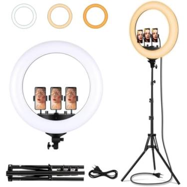 Imagem de Ring Light LED 14 Polegadas com Tripé, 3 Suportes para Celular, 3 Cores de Iluminação, Controle USB
