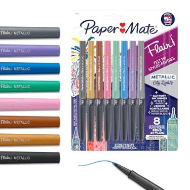 Imagem de Paper Mate Canetas Flair, canetas metálicas de feltro, luzes da cidade, tinta brilhante brilha em papel branco, cores sortidas, 8 unidades
