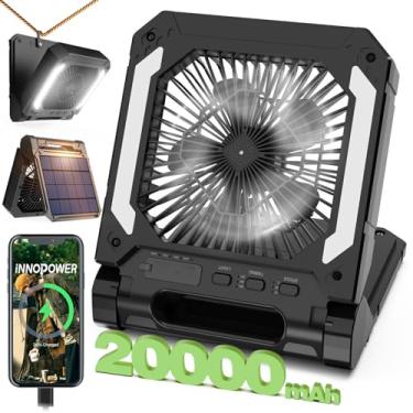 Imagem de Ventilador de acampamento solar recarregável de 20000 mAh com lanterna LED, ventilador portátil alimentado por bateria sem fio de 3 velocidades com PowerBank, temporizador e gancho de pendurar,