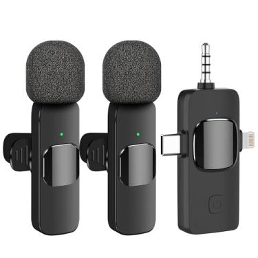 Imagem de Microfone de lapela 3 em 1 sem fio para câmera iPhone Android, microfones de lapela dupla para gravação, redução de ruído inteligente, mini microfone profissional para criação de conteúdo, vlogging