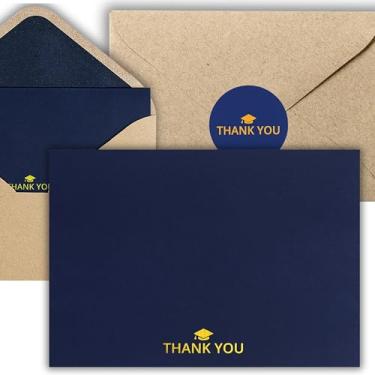 Imagem de Layneria 100 cartões de agradecimento de formatura azul-marinho com envelopes Kraft e adesivos - 4 designs minimalistas em branco notas de agradecimento com envelopes azul marinho cartões de formatura