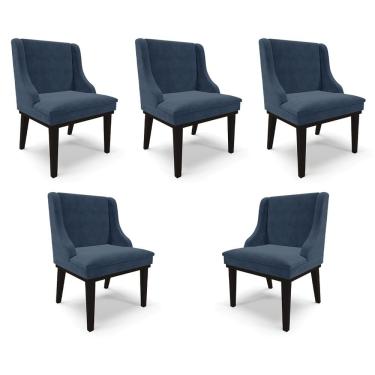 Imagem de Kit 5 Cadeiras Decorativas Sala De Jantar Base Fixa De Madeira Firenze Suede Azul Marinho/preto G19