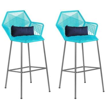 Imagem de Kit 02 Banqueta Alta Sttar Fibra Azul Turquesa Almofada Sintético Azul Marinho - Amey Decor