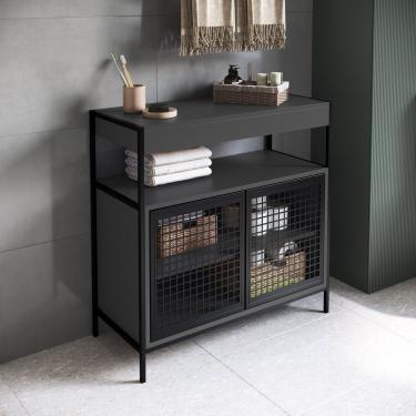 Imagem de Armário Gabinete De Banheiro 80cm Estilo Industrial Com 2 Portas P1038 Sem Cuba Preto-grafite