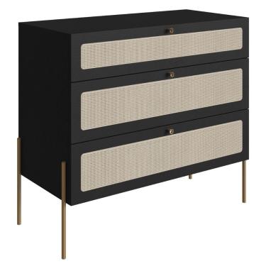 Imagem de Cômoda 3 Gavetas Oslo Artesano 93 Cm (largura) Em Mdp Nero Palha Sintética Bege Pé Metal Dourado