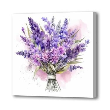 Imagem de LURENCZH Arte de parede em tela de lavanda impressões de imagens de buquê roxo aquarela pinturas de flores rústicas para decoração de banheiro de fazenda emolduradas (lavanda - 1,12 cm x 30,5 cm)