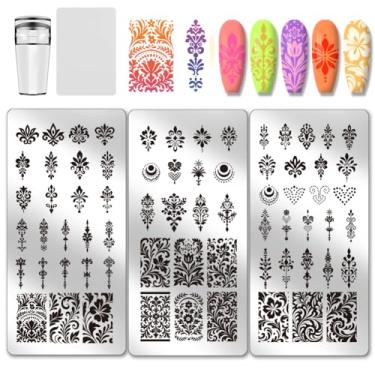 Imagem de PH PandaHall 3 peças de padrão étnico placa de carimbo de unha estampa floral modelo de arte de aço inoxidável placa de imagem de unhas estênceis com carimbo e raspagem para mulheres, impressão faça