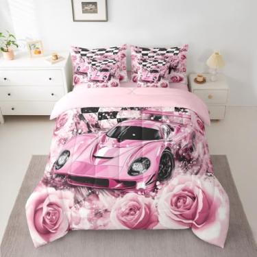 Imagem de Manfei Conjunto de edredom de carro de corrida em uma bolsa, 7 peças, flor rosa rosa, edredom com estampa dupla face, solteiro (1 edredom, 2 fronhas, 2 fronhas, 1 lençol de cima, 1 lençol com elástico