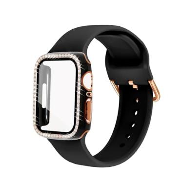 Imagem de Pulseira feminina de silicone macio com diamante brilhante de 38 mm, 40 mm, 41 mm, 42 mm, 44 mm e 45 mm, capa de vidro para Apple Watch séries 9, 8, 7, 6, 5, 4, 3, 2 1 (41 mm, preto)