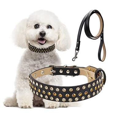 Imagem de Coleira de cachorro de strass, coleiras de diamante brilhantes com guia ajustável, deslumbrante brilhante cristal cravejado de microfibra couro com espinhos de cachorro fofo para meninas pequenas e médias grandes gatos
