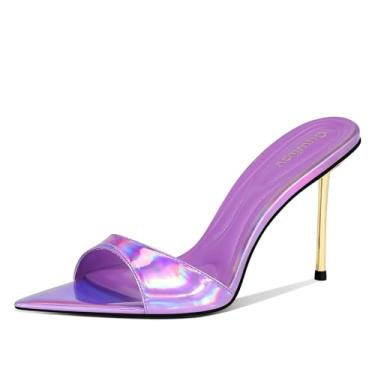 Imagem de Ouwilov Mules de salto alto para mulheres, bico fino, design sem cadarço com salto agulha de metal de 9 cm e palmilha acolchoada macia em ouro iridescente para festas ou encontros noturnos, Roxa, 41