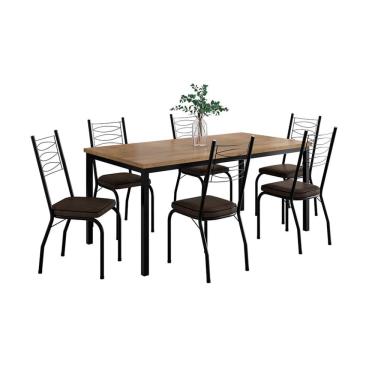 Imagem de Conjunto de Mesa Retangular com Tampo de MDP Amadeirado e 6 Cadeiras Adriana I Revestimento Sintético Imbuia e Preto