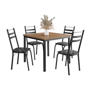Imagem de Conjunto de Mesa Quadrada com Tampo de MDP Amadeirado e 4 Cadeiras Adriana Revestimento Sintético Silver e Preto