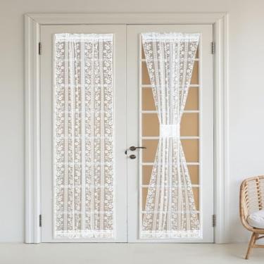 Imagem de RLoncomix Cortina de porta francesa, cortina texturizada, tricotada, flor branca, 182 cm de comprimento, semitransparente, painel de cortina lateral para tapume de vidro, pátio, porta da frente
