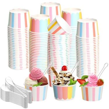 Imagem de Boao Conjunto de 100 copos de sorvete de 156 g com colheres descartáveis de papel sudae tigelas de sobremesa suprimentos de festa de verão (estilo listrado)