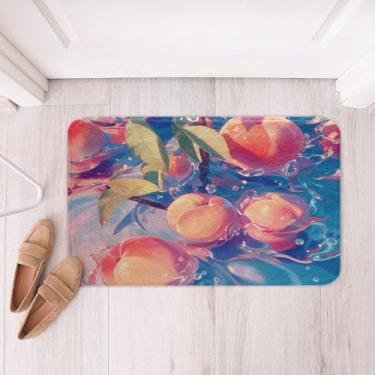 Imagem de Erosebridal Tapete de banho 3D pêssego meninas rosa azul tapetes de banheiro 50 x 81, tapete de porta estilo aquarela desenho animado tema fruta tapete de banheiro folhas verdes tapetes de banho