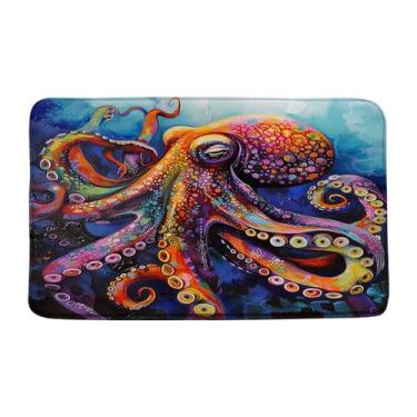 Imagem de EVRCVAR Tapete de banho de polvo, tentáculos náuticos Kraken coloridos, oceano, vida marinha, arte em aquarela, pintura a óleo, moderna, macia, espuma de memória, banheiro, sala de estar, quarto