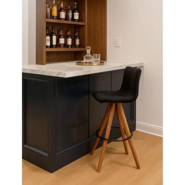 Imagem de Banqueta Giratória com Encosto Estofado e Base em Madeira Castanho – Lucy Exclusiva Veludo Preto