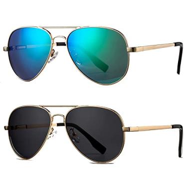 Imagem de Óculos de sol aviador polarizado infantil – Óculos de sol polarizados HOHENS para rosto pequeno, feminino, masculino, lentes de proteção UV400, 52 mm, Pacote com 2 (dourado/verde espelhado + dourado/cinza), MM