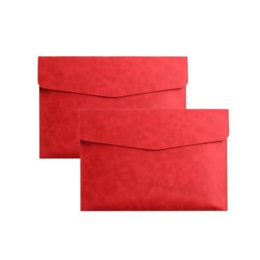 Imagem de Pacote com 2 pastas de arquivo de couro PU A4 porta-documentos à prova d'água portfólio envelope pasta organizador de arquivos para papelaria de papel, tablet e PC (vermelho)