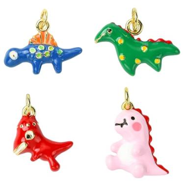 Imagem de UR URLIFEHALL 4 peças, 4 estilos, pingentes de dinossauros esmaltados de latão, banhado a ouro 18 K, pingentes de animais 3D para brincos, pulseiras, colares e joias