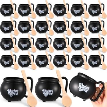 Imagem de LemonRoad 48 peças de canecas de caldeirão de bruxa de Halloween com conjuntos de colheres, copos de pote de caldeirão preto de plástico de 425 g colheres de madeira para bebidas, lembrancinhas de