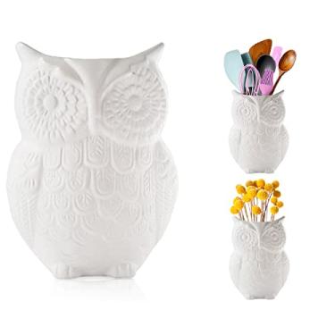 Imagem de Comfify Porta-utensílios de coruja e organizador de panelas de cerâmica decorativo, em linda cor branca - suporte em forma de utensílio e presente de decoração de cerâmica de cozinha perfeito para