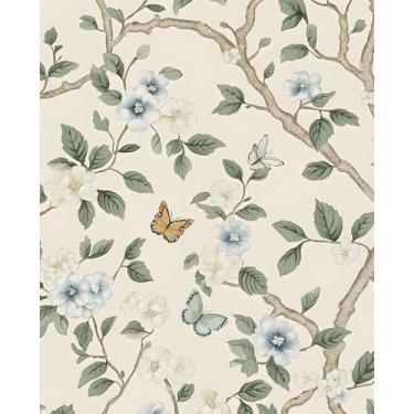 Imagem de Papel de parede floral descasque e cole vintage borboleta flores papel de contato vinil à prova d'água autoadesivo decoração moderna bege verde papel de parede botânico para paredes de quarto gavetas