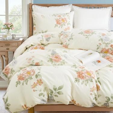 Imagem de Cozaline Capa de edredom 100% algodão natural tamanho Queen - Conjunto de capa de edredom floral botânica reversível com fecho de zíper, conjunto de cama vintage macio e respirável para todas as