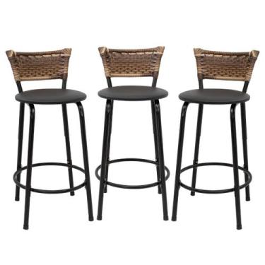 Imagem de Kit 3 Banquetas Para Balcão 60cm Preta Junco Cappuccino Balcão Bistrô 