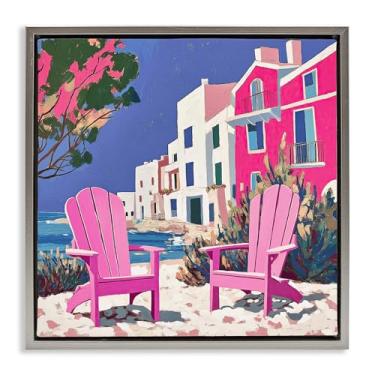 Imagem de Stupell Industries Cadeira de praia Meetup em tela flutuante emoldurada cinza rosa design de arte de parede por Annabelle Hall, 45,7 x 45,7 cm