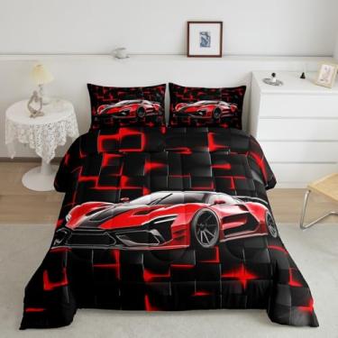 Imagem de Jogo de cama casal com tema de esportes radicais Red Speed, 3 peças, para decoração de quarto de crianças, adolescentes e mulheres, conjunto de edredom acolchoado com luzes de neon, 2 fronhas