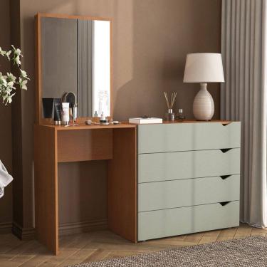 Imagem de Cômoda Porto 4 Gavetas com Espelho Verde/Freijó - Politorno