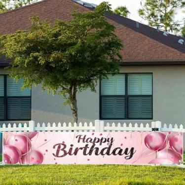 Imagem de Starlit Patio Faixa rosa feliz aniversário 50 x 395 cm decorações de festa elegante grande pano de fundo de aniversário decoração de quintal ouro rosa balão confete sinal para mulheres meninas artigos